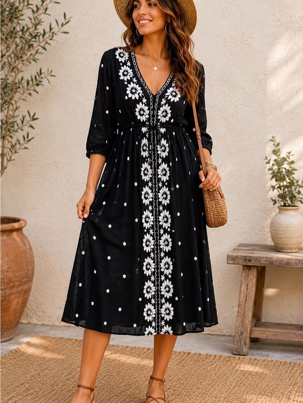 Free People Fable Black Midi Dress with White Floral‎ Embroidery Size L
